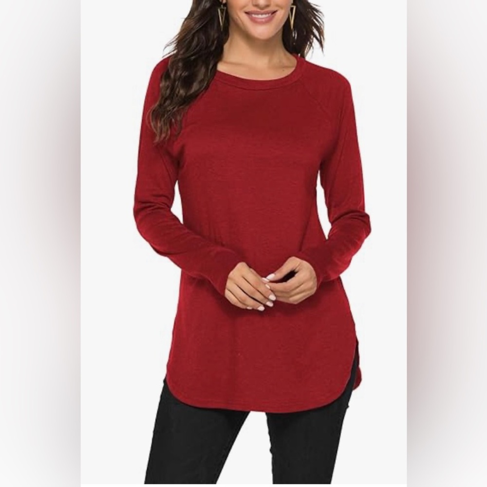 🆕‎ Newchoice Casual Batwing Long Sleeve TShirt Round Neck Loose Tops red large